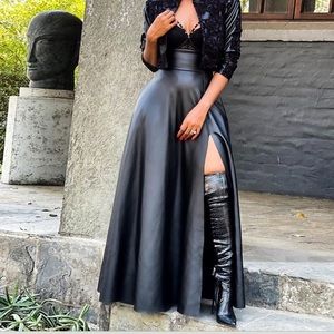 Long black leatherette skirt with split & pockets!
